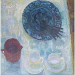 M. Douglas. Cups and saucers, still life, oil on board, signed, 59cm x 59cm.