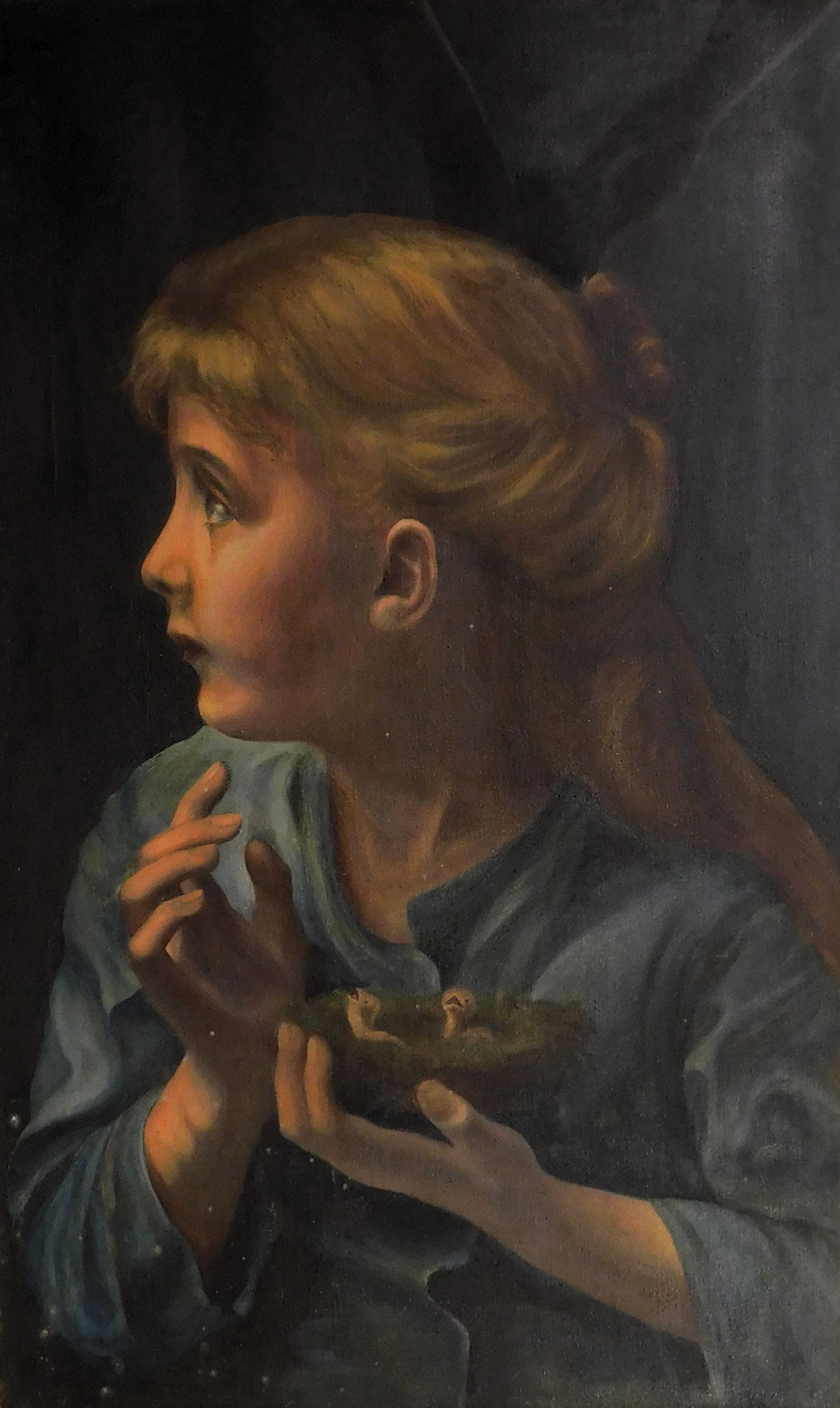 19thC British School. Young girl holding chicks, oil on canvas, 65cm x 40cm.