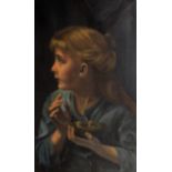 19thC British School. Young girl holding chicks, oil on canvas, 65cm x 40cm.