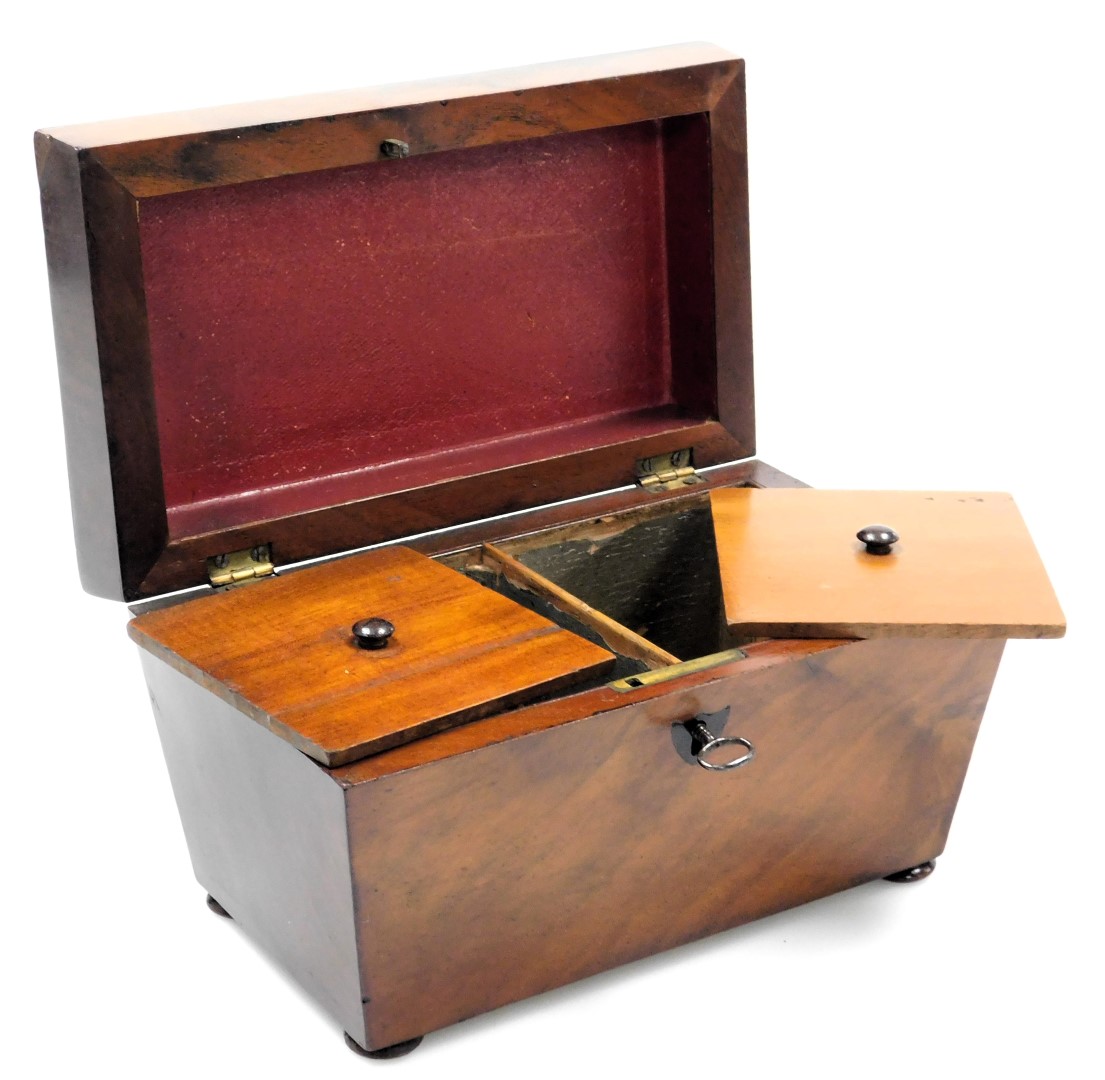 A Regency mahogany sarcophagus form tea caddy, the hinged lid opening to reveal two lidded compartme - Image 2 of 2