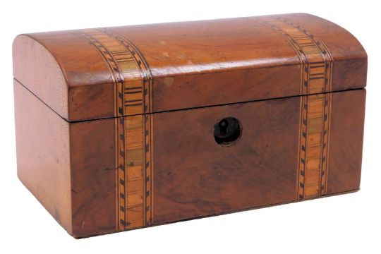 A 19thC walnut and boxwood curved top tea caddy, 9cm high, 18cm wide, 10cm deep. - Image 1 of 3