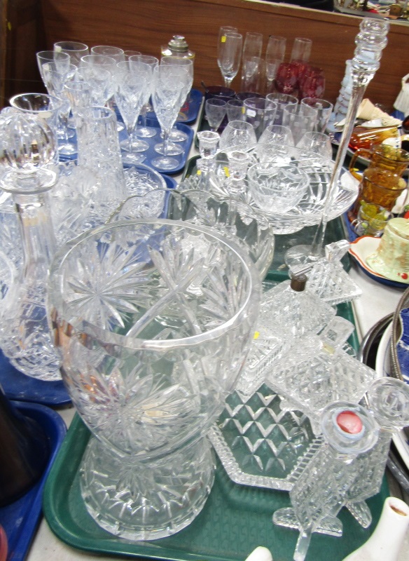 Glassware, to include cut glass vase, of waisted form, 27cm high, candlesticks, part dressing
