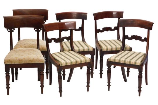 A harlequin set of six early Victorian mahogany dining chairs, each with a bar back, drop in seat, - Image 1 of 5