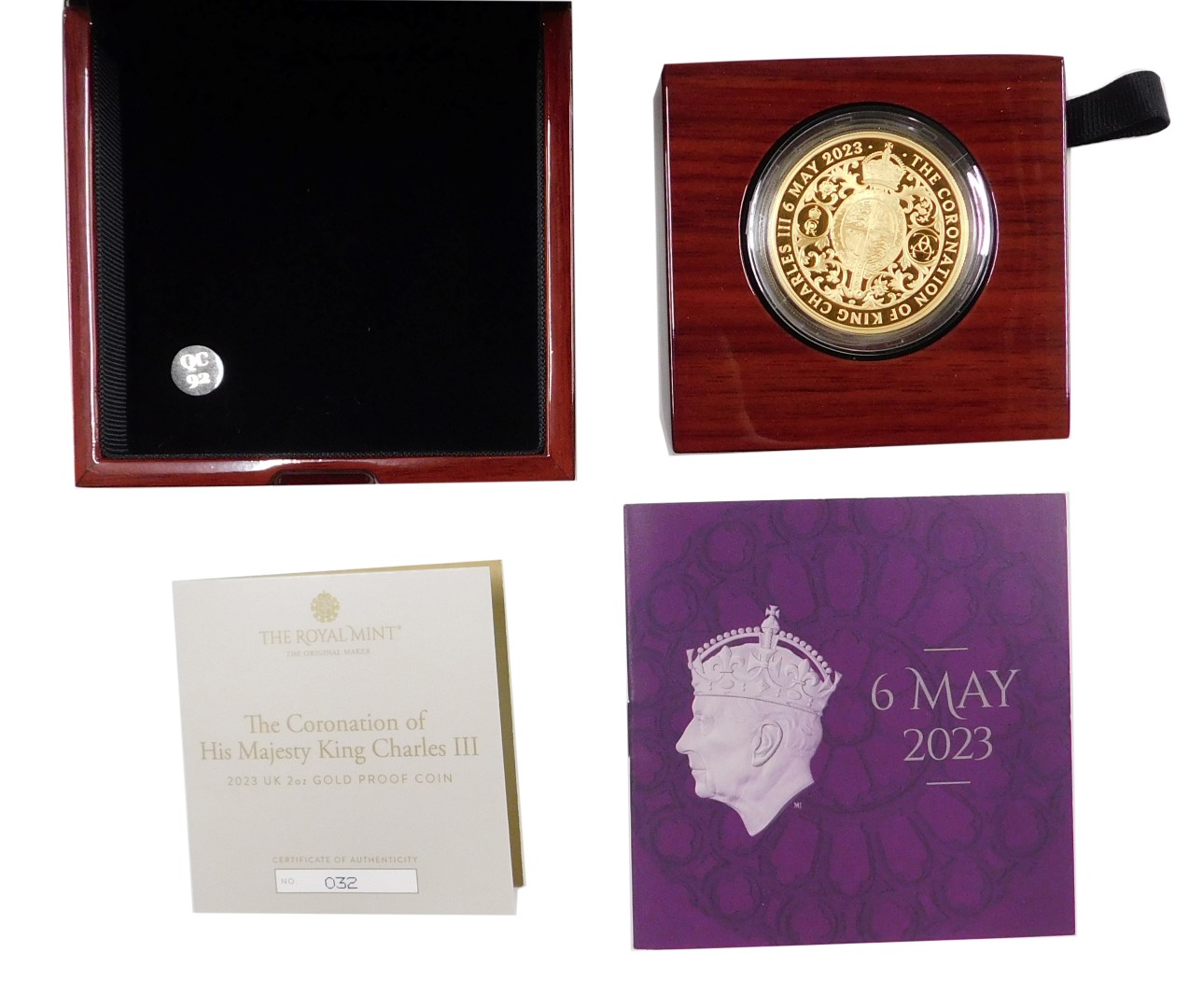 A King Charles III 2023 UK two ounce gold proof coin, with certificate, number 32, with box and pack