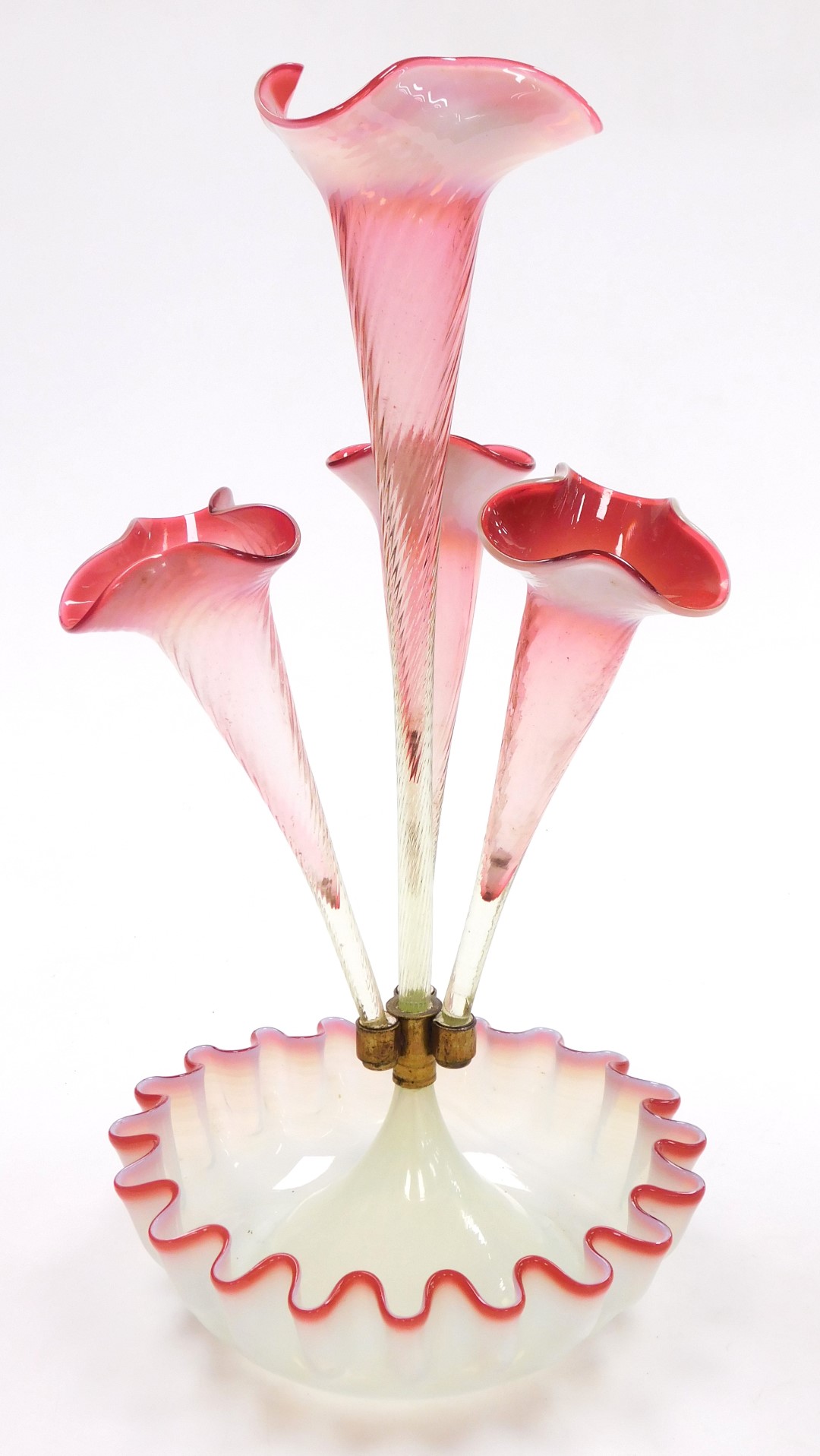 A Victorian opaline and cranberry glass four branch epergne, raised on a frilled base, 43.5cm high. - Image 2 of 3