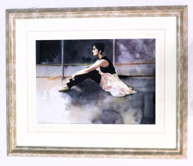 Glynis Barnes-Mellish (b.1953). Ballerina, watercolour, indistinctly signed, 36cm x 51cm. Label ver - Image 2 of 5