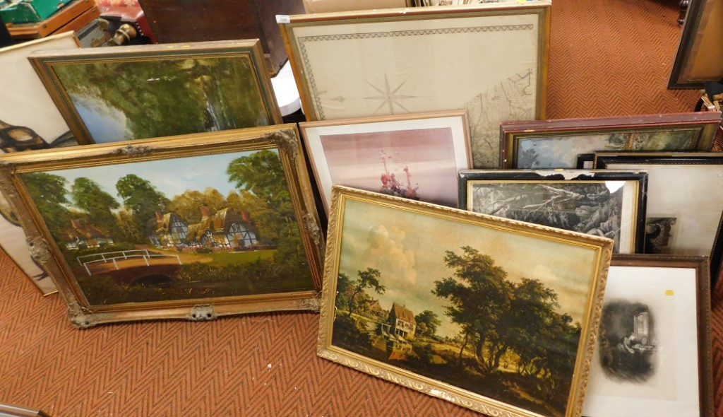 A series of framed oil paintings and still lives, including a part map of The Parish of Babworth, an