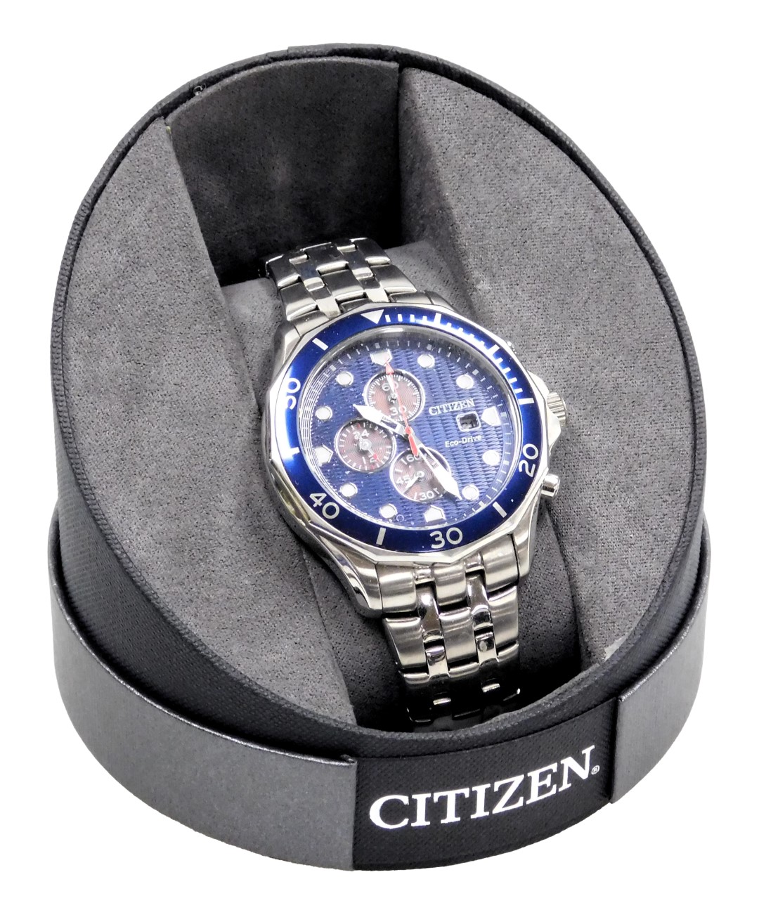 A Citizen Eco-Drive gentleman's stainless steel cased chronograph wristwatch, circular blue dial, ce