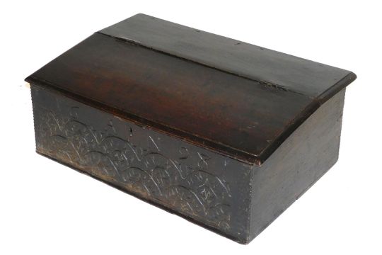 A 17thC oak bible box, bearing date AN 1698, the hinged lid opening to reveal a vacant interior, wit - Image 1 of 3