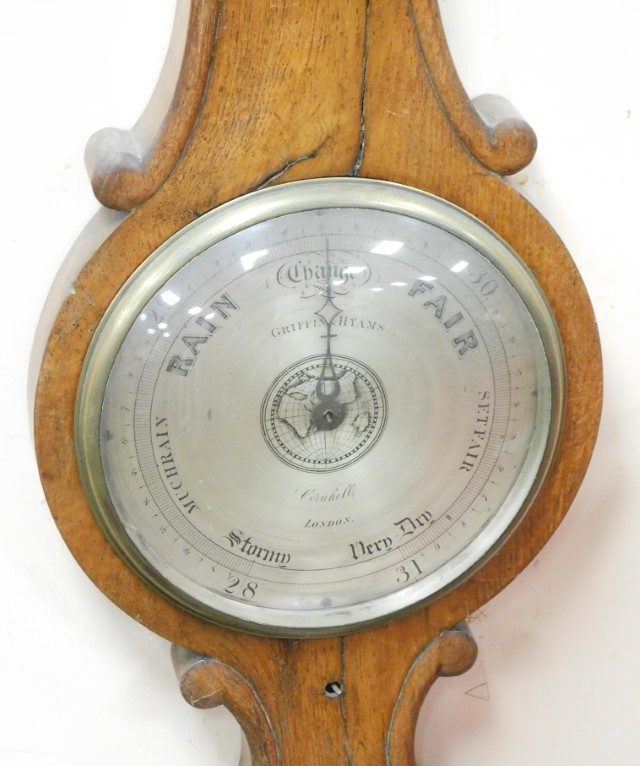 A 19thC oak cased wheel barometer, stamped from The Royal Exchange destroyed by fire on the 9/16th J - Image 2 of 3