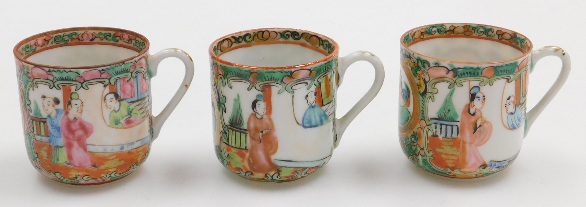 A set of five 20thC Chinese Canton porcelain teacups and saucers decorated in typical palette, the u - Image 4 of 13