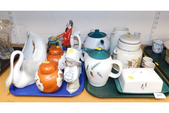 A quantity of decorative ceramic wares, including a swan flower vase, ginger jars, a part Denby tea