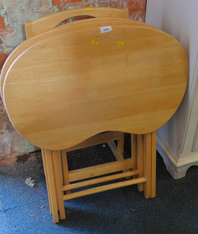 Two beech effect kidney shaped tables, and a side chair.