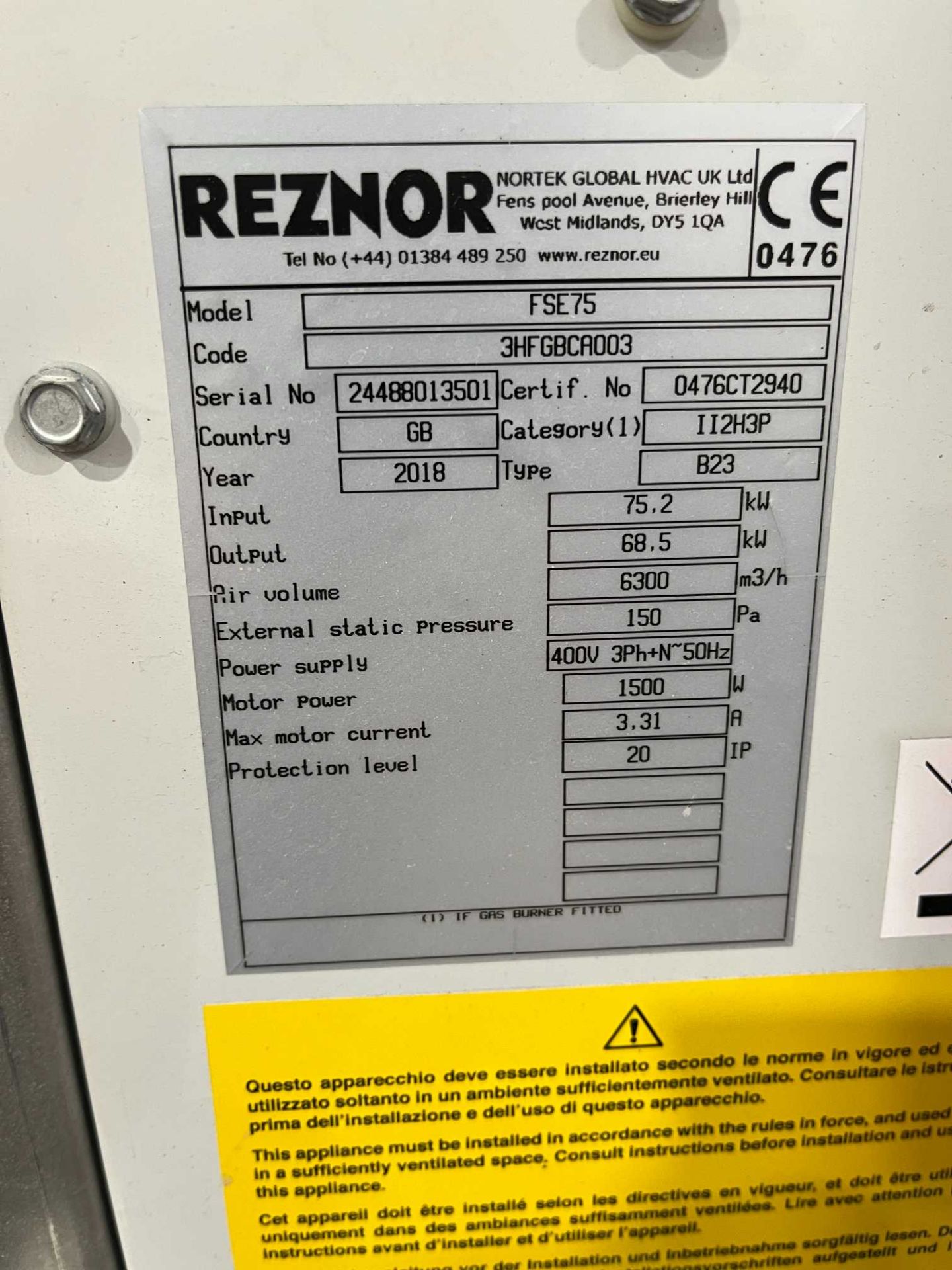 Reznor FSE75 kerosene-fired 70kW warm air heater x 2; Serial Nos 24488013501 (2018) & 24488013493 ( - Image 2 of 6