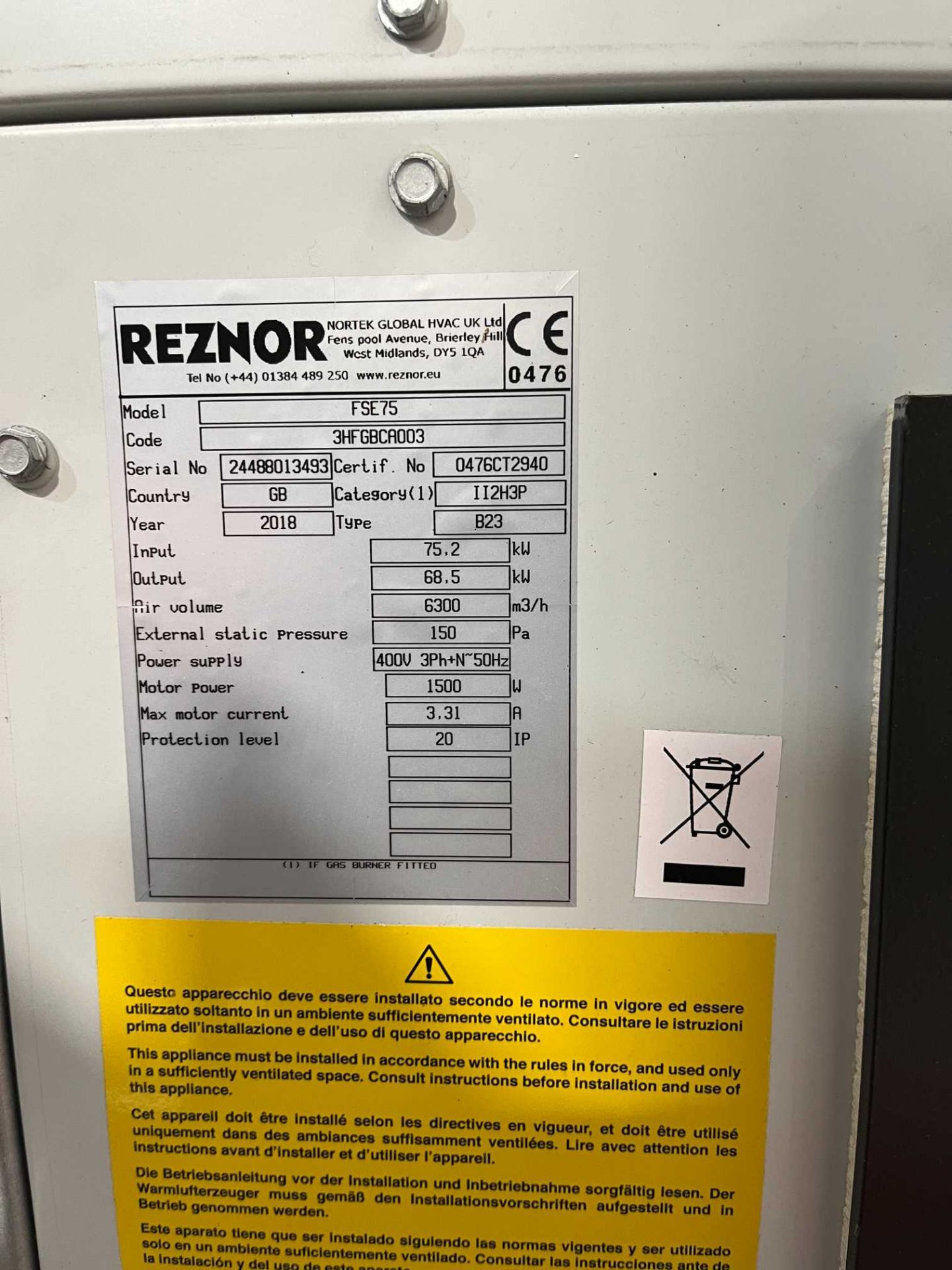 Reznor FSE75 kerosene-fired 70kW warm air heater x 2; Serial Nos 24488013501 (2018) & 24488013493 ( - Image 3 of 6