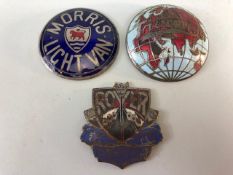 Vintage Enamel car badges, early Rover grill badge ,Triumph world badge and a Morris Light Van badge
