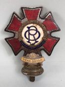 Vintage pre war Order of the Road red enamel bar badge 38 year driver approximately 9cm across,