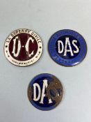 French DAS badges, 2 round enamel badges for La Defense Automobile et Sportive in blue and white and