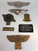 Vintage Car badges relating to Bentley and Rolls Royce, 7 items in total, Bentley Radiator Badge,
