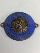 Enamel car dealership St Christopher plaque, blue enamel on brass, supplied by A A Mauleverer,
