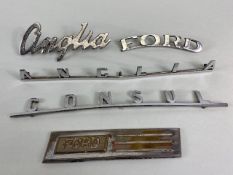 Collection of car name, model badges relating to Ford, to include Anglia x 2, Consul, Ford, 5