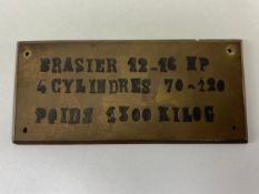 Vintage French Vehicle Engine or Chassis plaque brass plaque with enamel filled stamping, Brasier