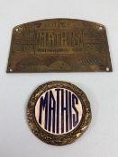 Vintage car badges Mathis round enamel grill badge approximately 55mm across and a Mathis Strassburg
