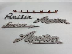 Collection of car name and model badges to include Austin, Sprite, Hillman, 5 items in total