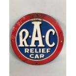 RAC Enamel Relief Car sign, round pre war sign with 4 screw holes, old repair to section above
