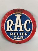 RAC Enamel Relief Car sign, round pre war sign with 4 screw holes, old repair to section above