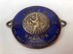 Enamel car dealership St Christopher plaque, blue enamel on copper, Supplied by Ling & Co, Ruabon,
