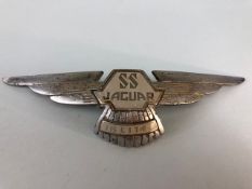 Jaguar SS bonnet badge 1 1/2 Litre, spread wings with enamel center stating SS Jaguar, 3 part