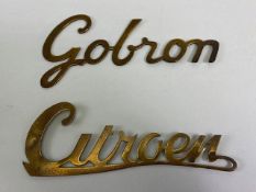 Vintage French car name plates pre war cut out brass one for Citroen, approximately 15cm, and one