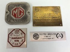 M.G motor interest, an Alloy, Made by MG ENV London plaque approximately 9cm across, brass MG car