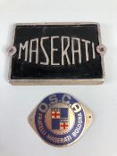 Maserati car interest , Alloy Maserati cast plaque and a O S C A Fratelli Maserati Bologna plaque,