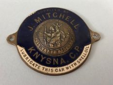 Vintage car dealer ship St Christopher enamel badge for J .Mitchell Knysna C.P approximately 5 cm