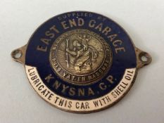 Vintage car dealer ship St Christopher enamel badge for East End Garage Knysna C.P approximately 5