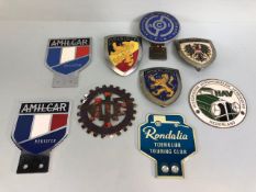 Vintage continental motoring car bar badges 9 in total to include Amilcar register shields x2,