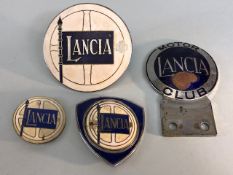 Vintage car badges relating to Lancia, Grill badge, Motor Club bar badge, pin back badge, Roadster
