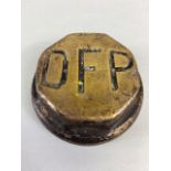 Vintage Car Motor Vehicle threaded brass hub cap relating to D F P motors, approximately 6.5cm