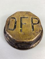 Vintage Car Motor Vehicle threaded brass hub cap relating to D F P motors, approximately 6.5cm