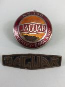 Jaguar X.K 140 enamel bonnet badge and a small lozenge Jaguar name plate 2 items