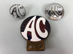 A C motors , Vintage Owners Club enamel bar badge and 2 AC bonnet or boot badges the larger