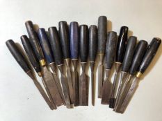 Collection of 15 Stanley blue handled chisels