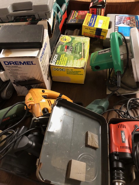 Large collection of various DIY tools to include Drills, Saws, a Grinder, soldering kit etc - Image 7 of 10