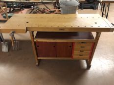 Woodworking work bench by SJOBERGS of Sweden with two vices, cupboard and drawers under approx 169 x
