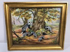 Oil painting of a badger set signed Yvonne 1985 approximately 60 x 50cm
