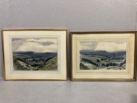 Paintings, two framed 1970s water colour paintings of landscapes showing rolling hills and valleys