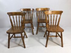 Pine Furniture, 4 modern Pine turned spindle back dining chairs with curved back support in a