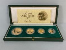 Elizabeth II UK gold proof set of coins 1980, comprising £5, £2, Sovereign and half Sovereign in a
